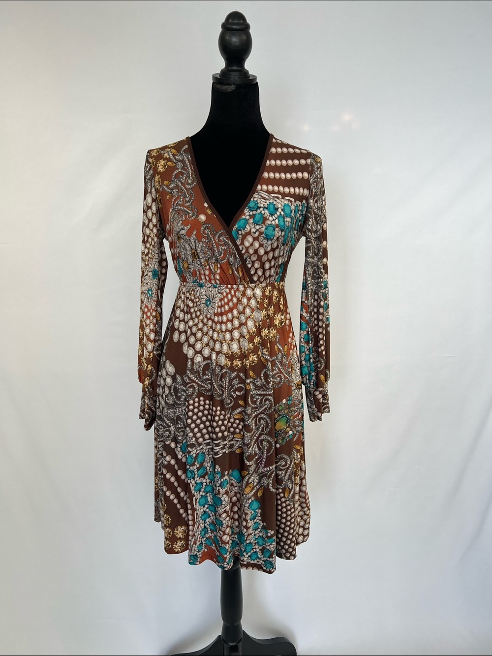 Deep V-Neck Dress Ornately Patterned Brown & Teal